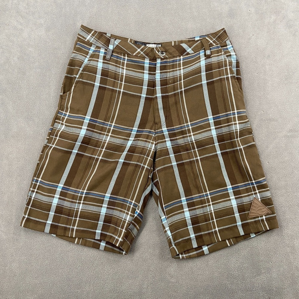 Vintage Y2K Current Ocean Board Shorts Mens 34 Brown Plaid Flannel